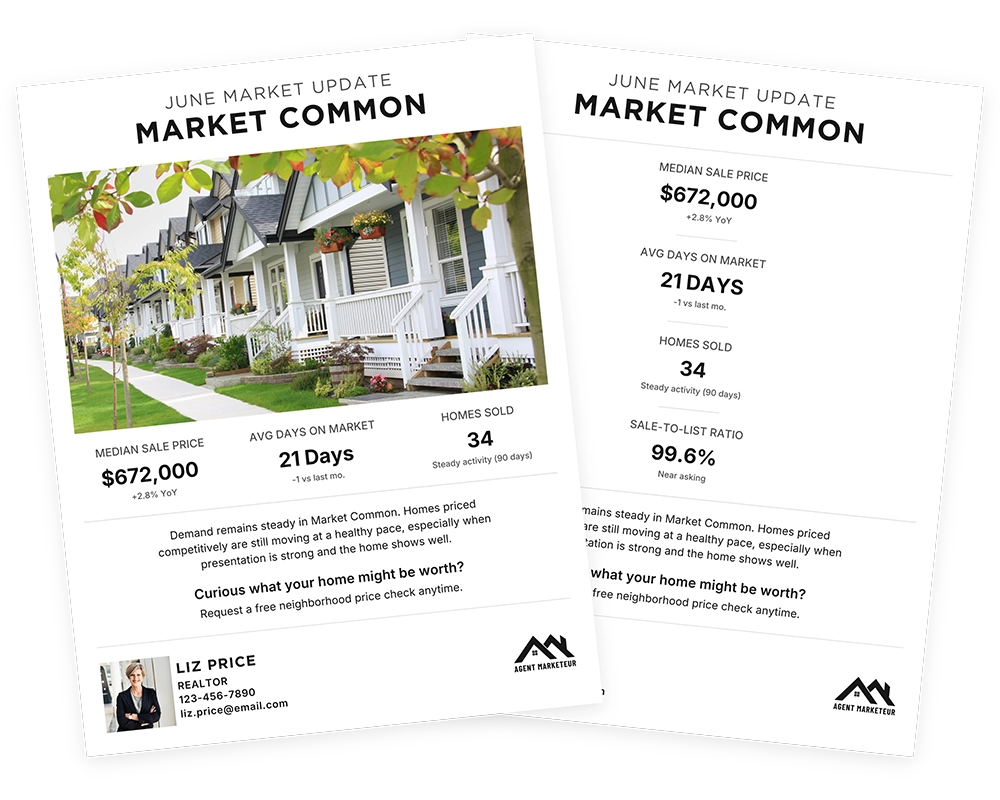 Starter Line Market Update Flyer Bundle for real estate agents, featuring layouts for both photo-heavy and data-only market reports.