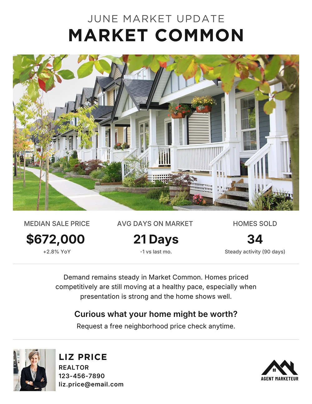 The Brand Builder real estate market update flyer template, designed for agents with strong neighborhood photography.