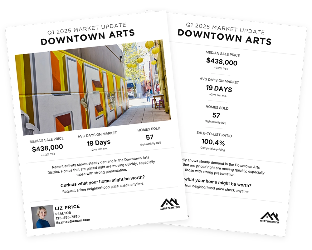 A set of clean, professional Market Update flyers from the Agent Marketeur Starter Line, ready for instant download and printing.