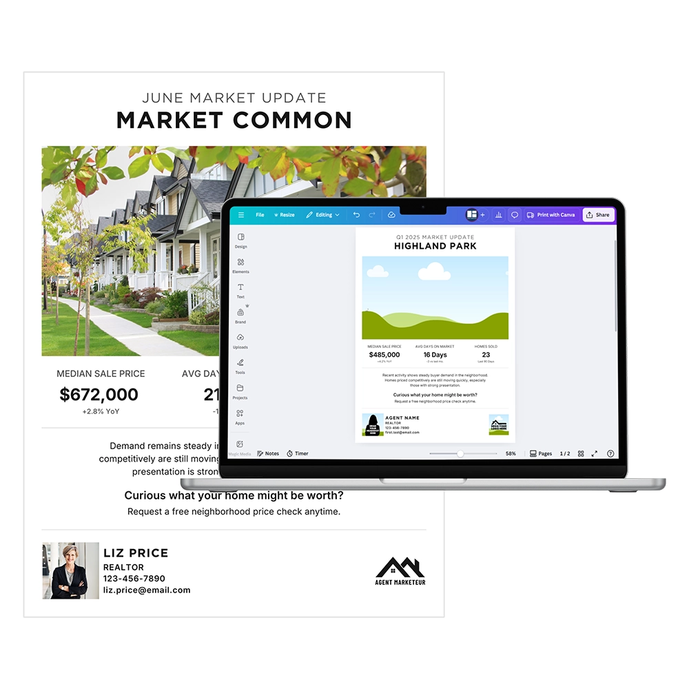 Laptop screen showing how to edit the Agent Marketeur Market Update flyer in Canva Free by simply typing in new statistics.