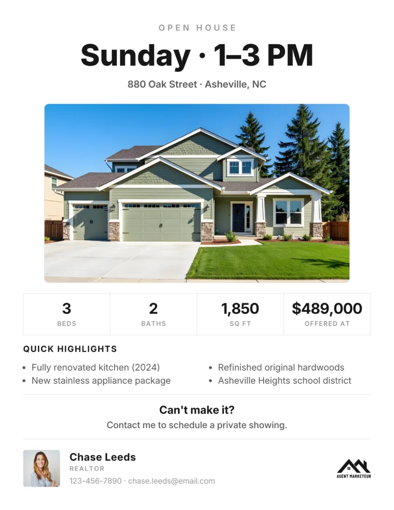 Open house flyer with property photo and details, matching the rest of the kit