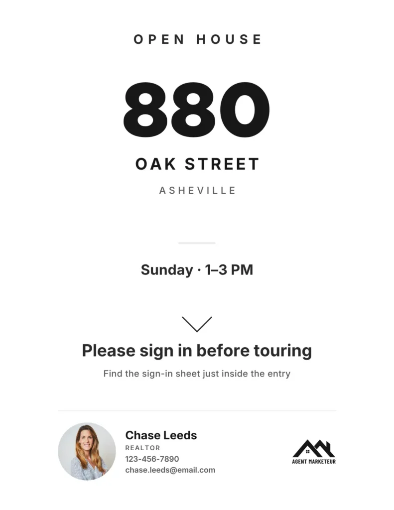 Open house welcome sign with the property address and agent details