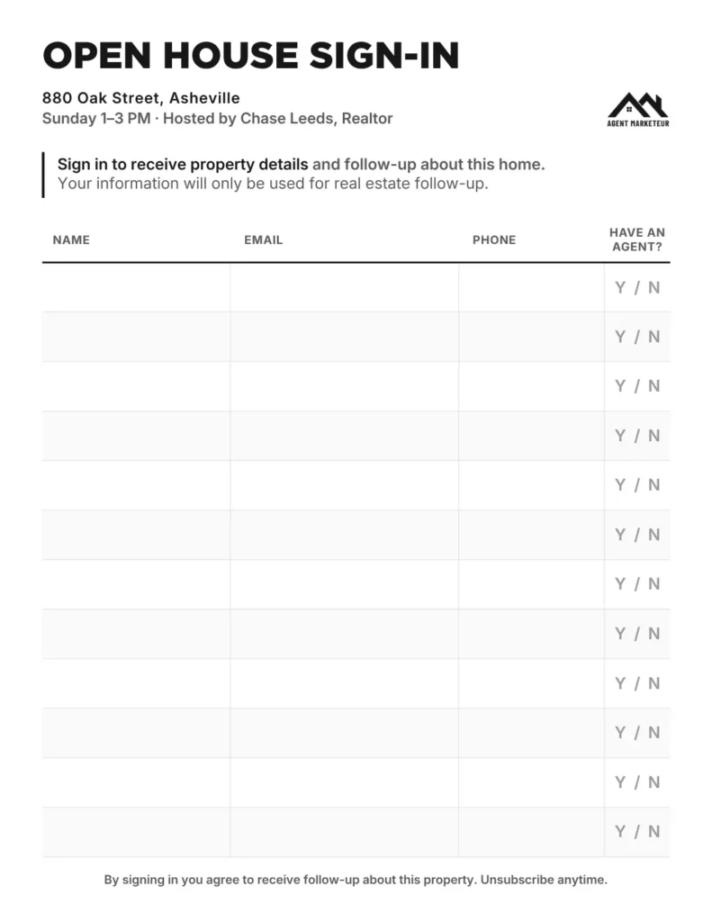 Printable open house sign-in sheet with fields for visitor name, email, phone, and agent status