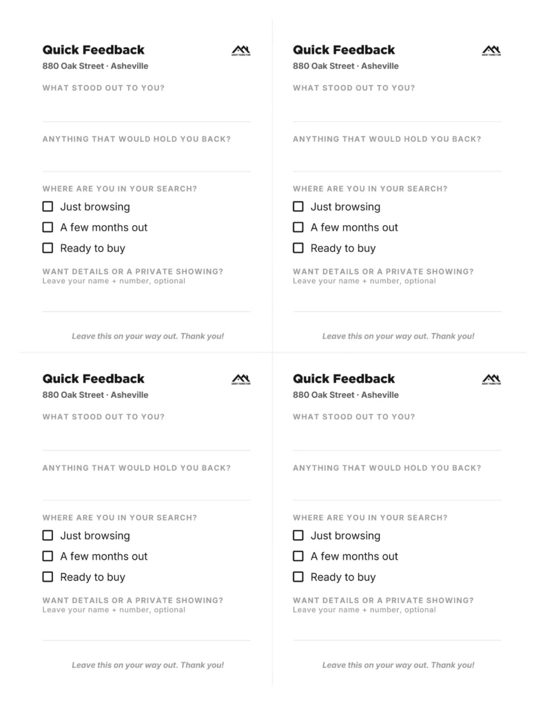 Sheet of open house feedback slips for collecting quick visitor impressions