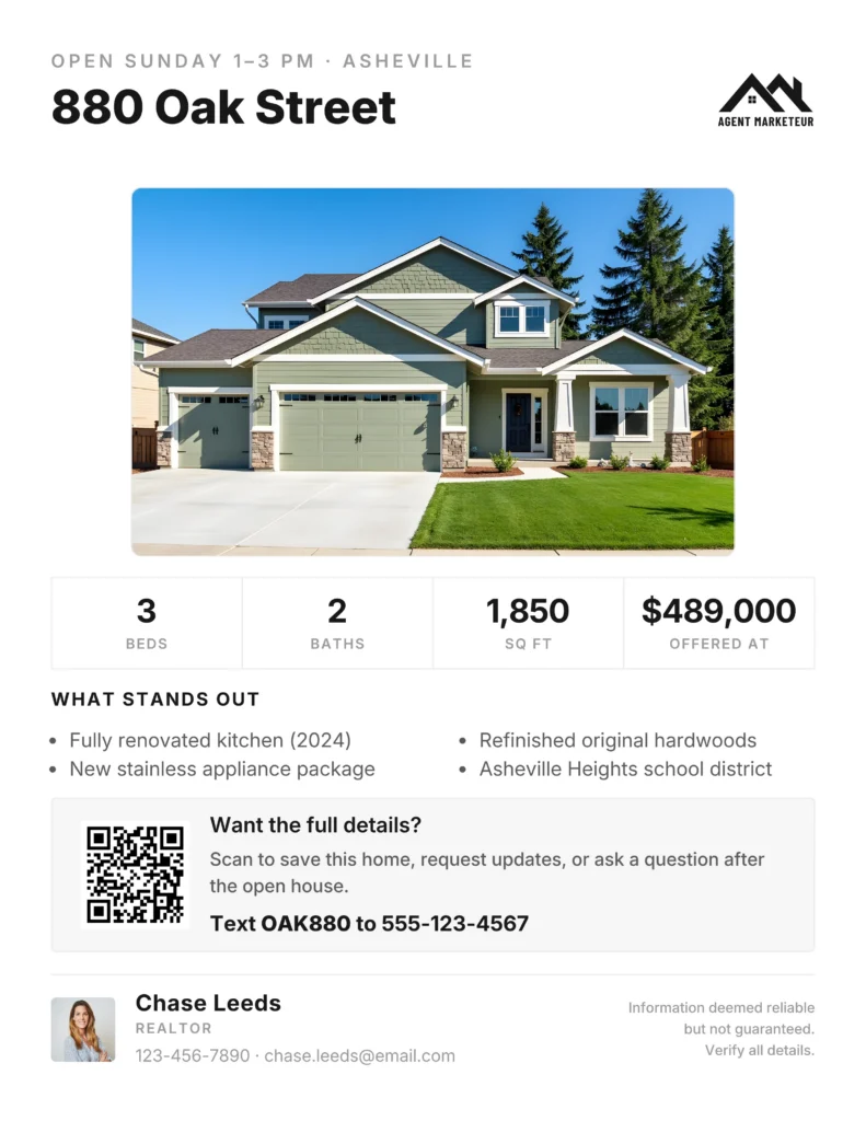 Single-page property takeaway handout with photo, key details, and agent contact info for visitors to keep