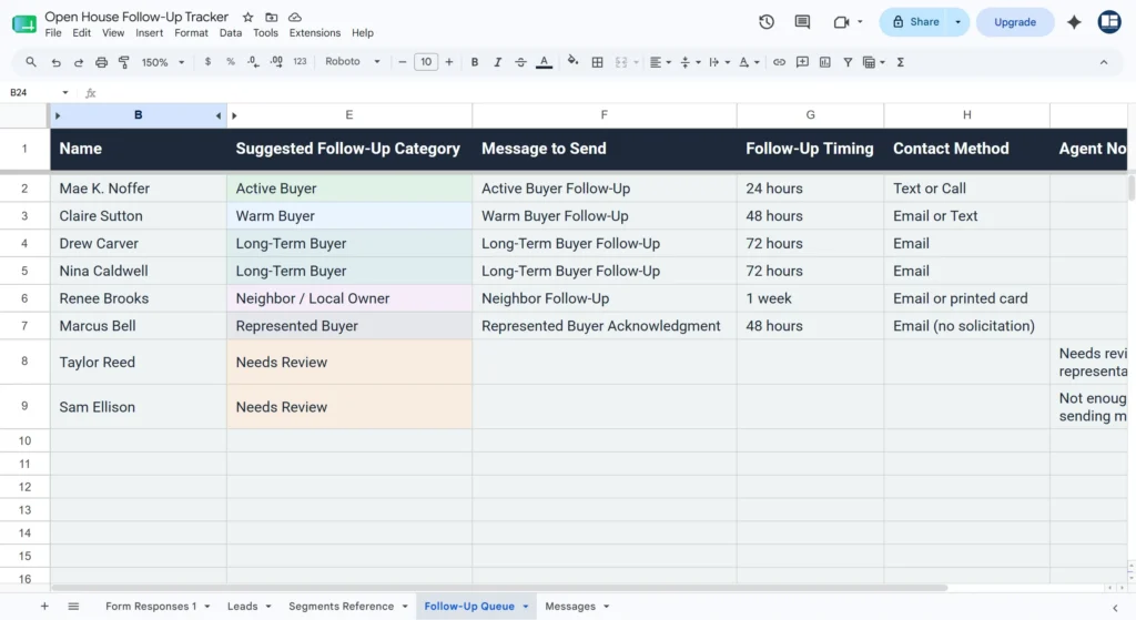 Follow-up queue tab showing which visitors are due to be contacted and when