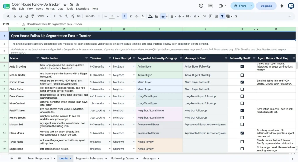 Leads tab in the Google Sheets tracker listing open house visitors with category, timing, and contact method