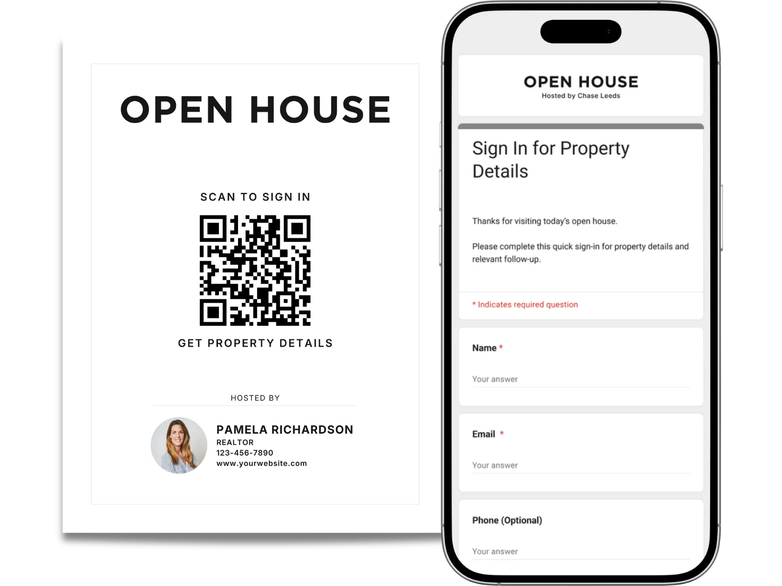Open house QR sign-in template — printable Canva sign and matching Google Form shown on a phone