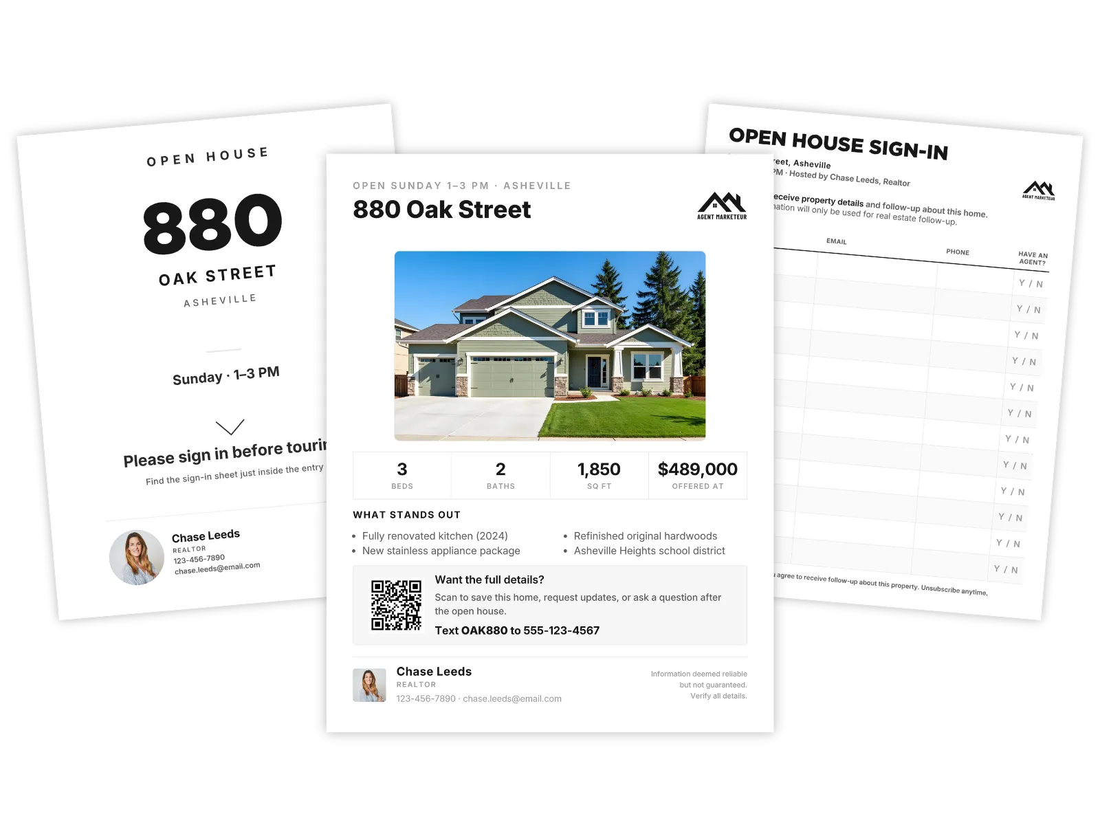 Open house sign-in kit — printable welcome sign, sign-in sheet, property takeaway, and flyer