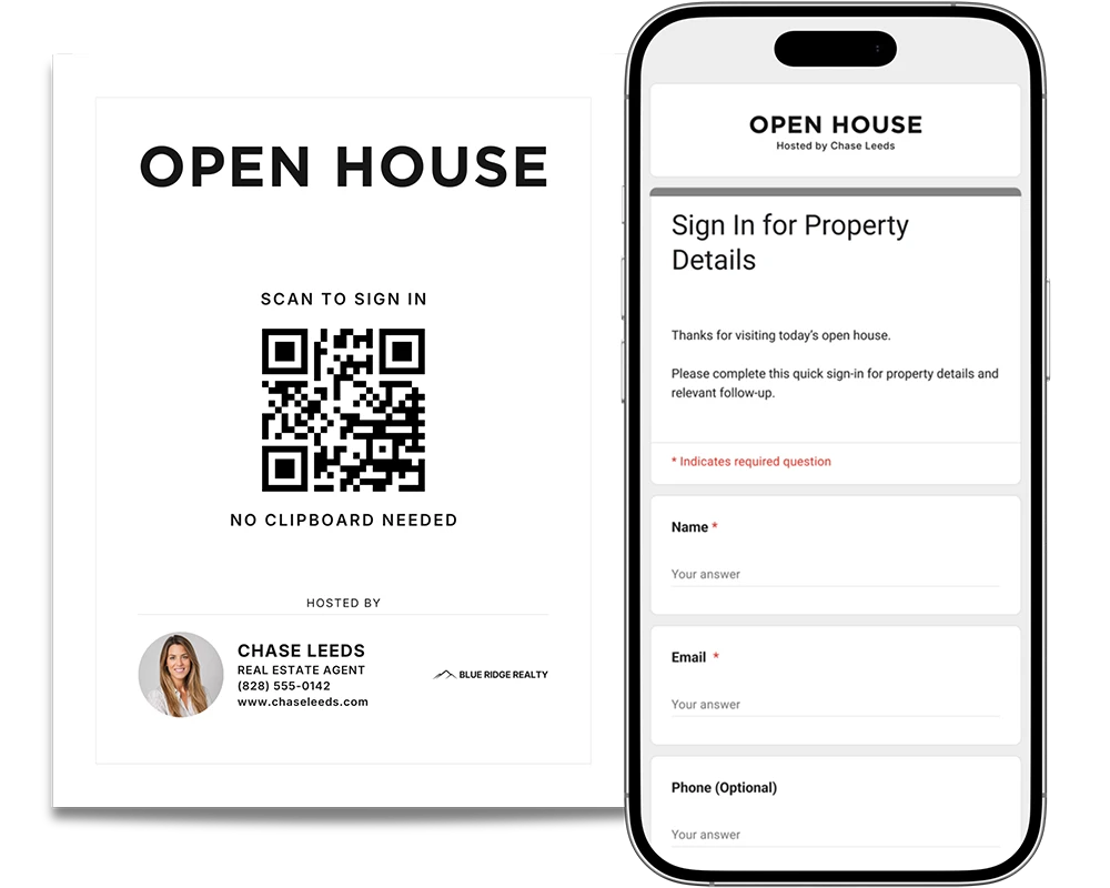 Open House QR Sign-In template for real estate agents with printable sign and mobile sign-in form