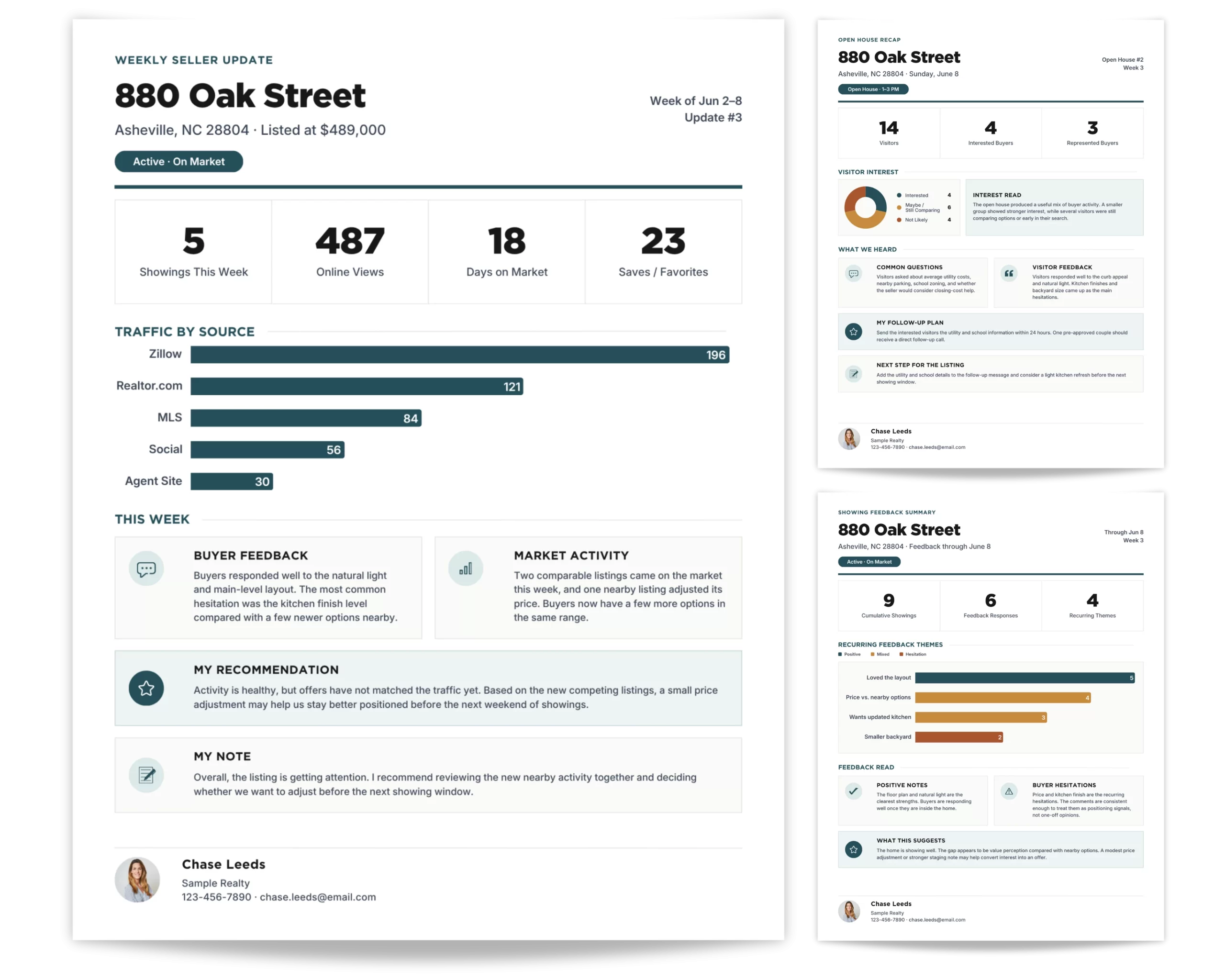 Weekly Seller Update template for real estate agents with pages for listing activity, open house recap, feedback, and nearby comps