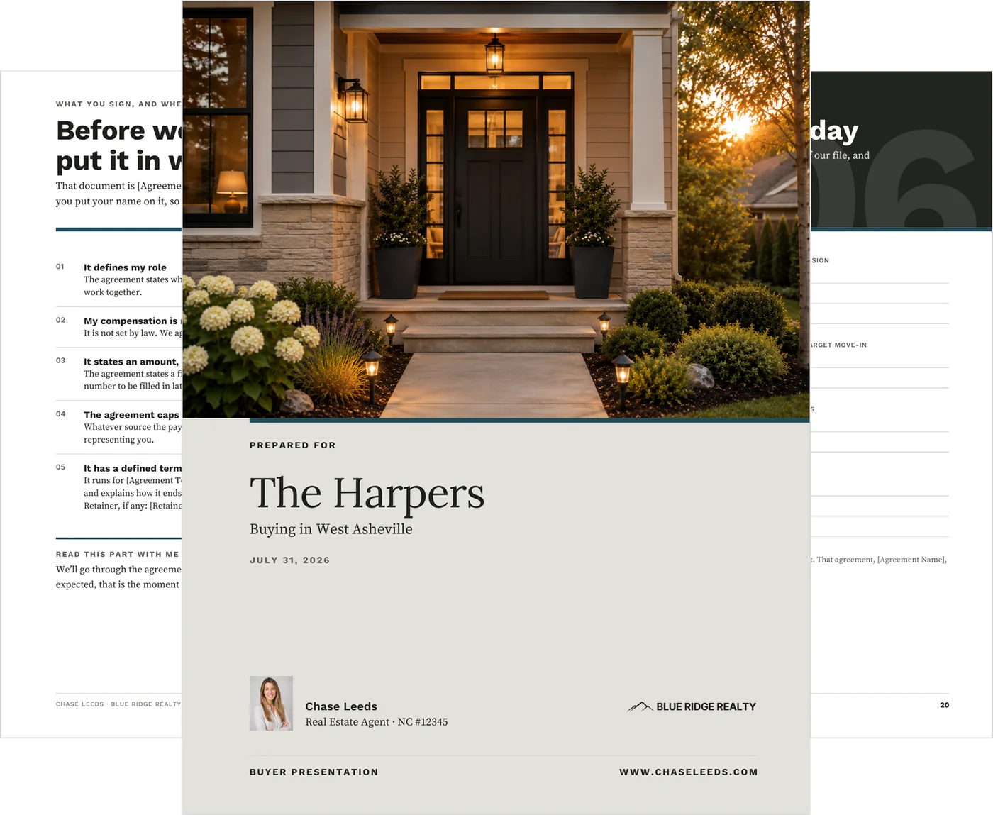 The Buyer Presentation template shown as three pages: the cover, prepared for a sample buyer couple under a photograph of a front porch at dusk, in front of the agreement page and the decision summary.