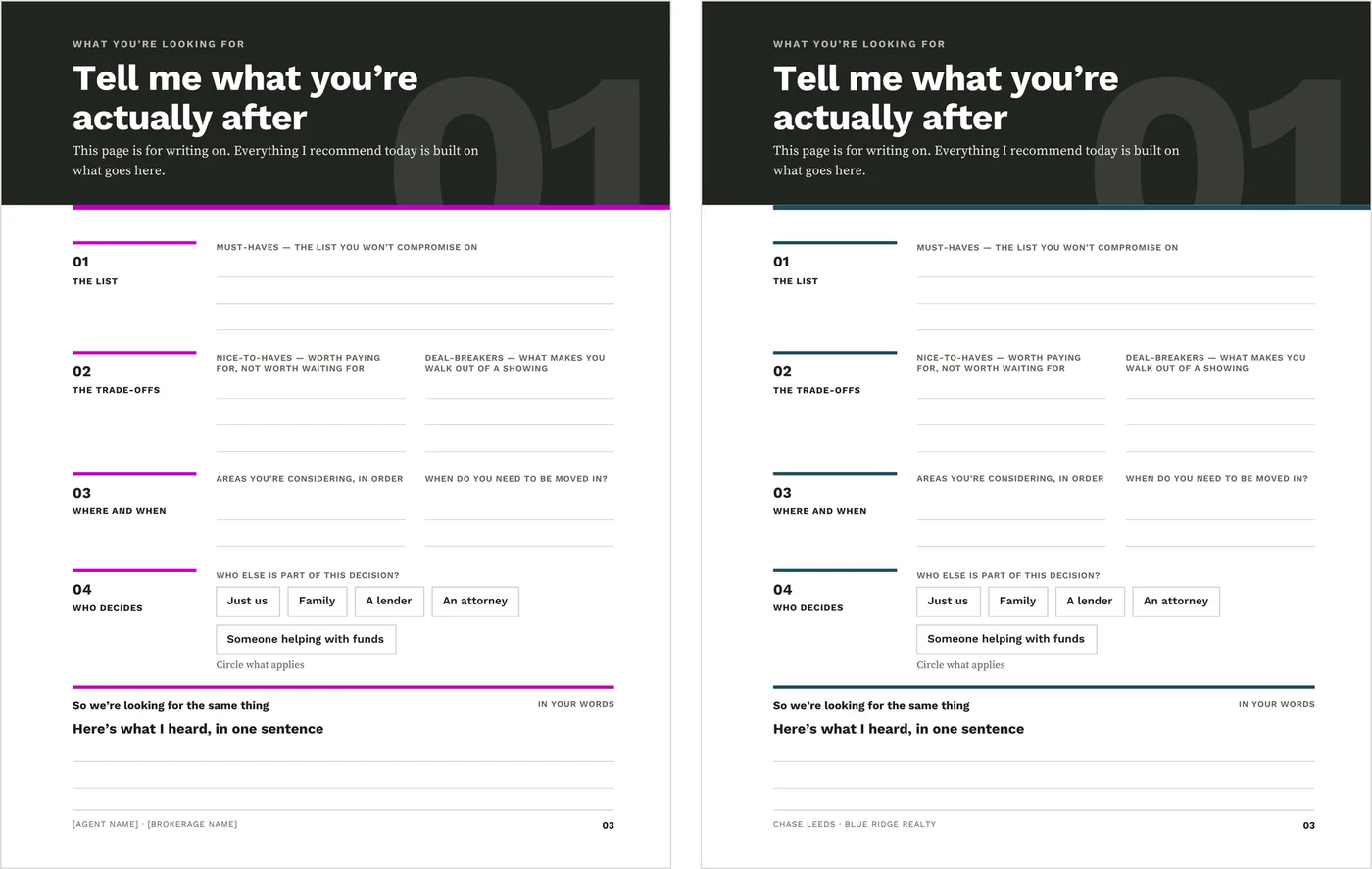 The same write-on page of the Buyer Presentation template, headed Tell me what you're actually after, shown twice side by side: on the left as it downloads, with its rules in the bright magenta setup color, and on the right after the agent brand color has been set.