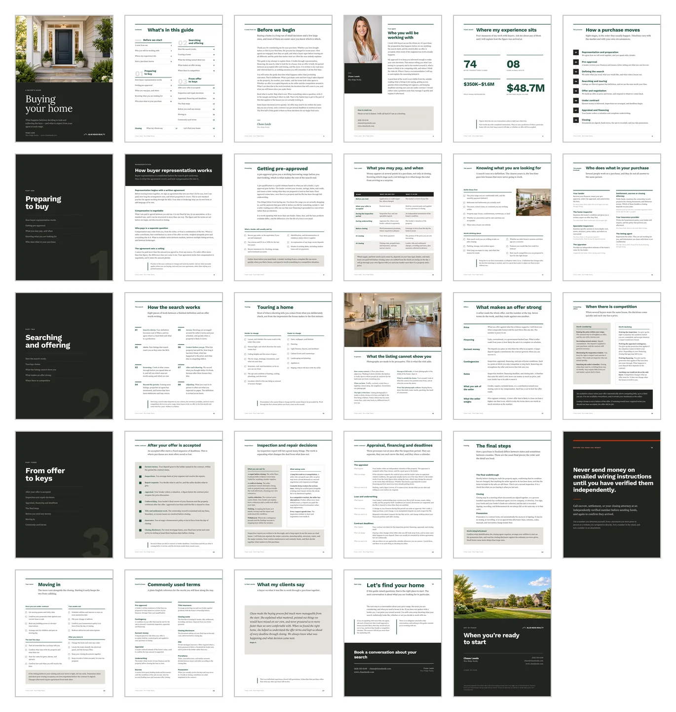 All 29 pages of the Home Buyer Guide template shown as a grid of thumbnails, from the cover through to the back cover.