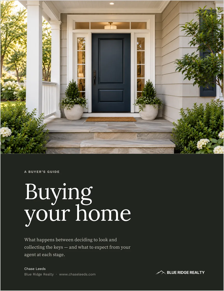 Cover of the Home Buyer Guide template, titled Buying your home, with the line What happens between deciding to look and collecting the keys, and the agent name and brokerage set beneath it.