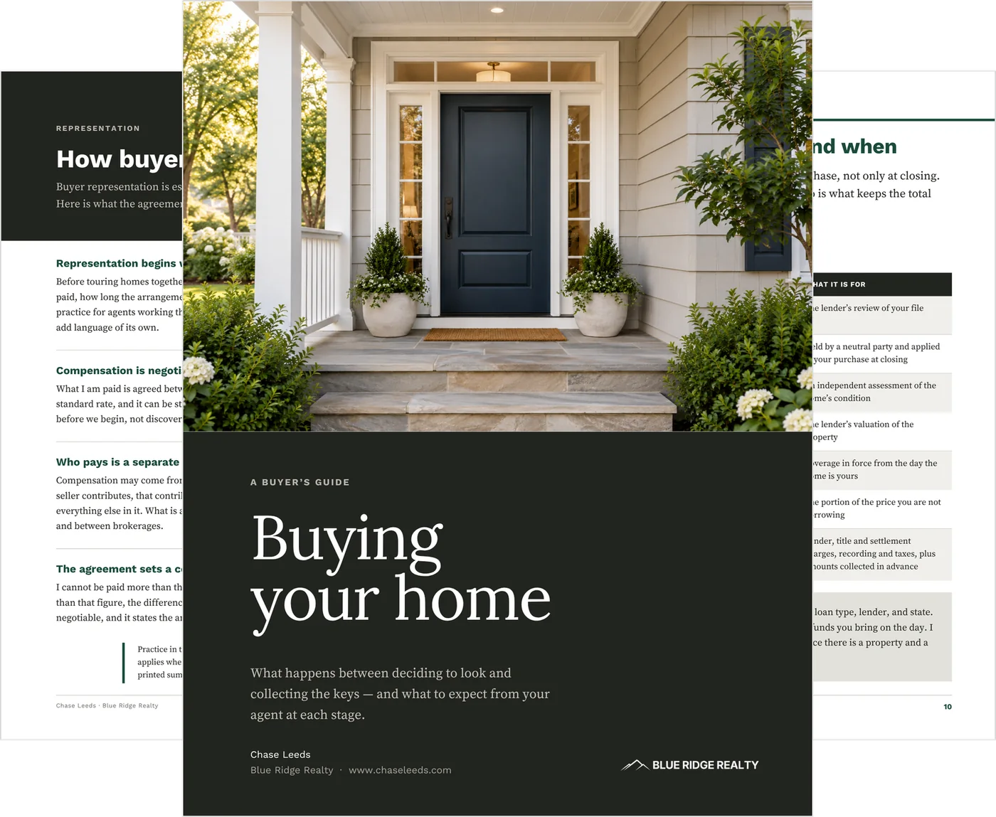 The Home Buyer Guide template shown as three pages: the cover, titled Buying your home, in front of the representation page and the cost-by-stage table.