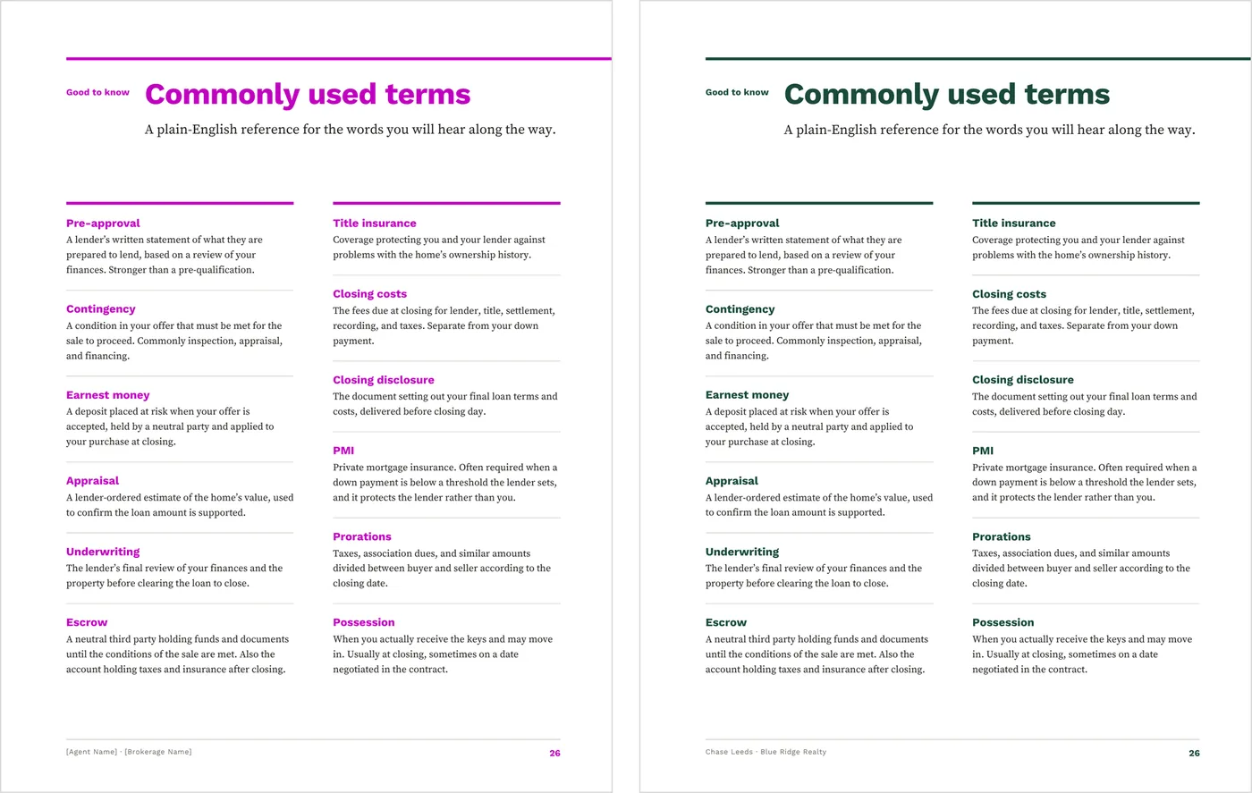 The same glossary page of the Home Buyer Guide template shown twice side by side: on the left as it downloads, in the bright magenta setup color, and on the right after the agent brand color has been set.