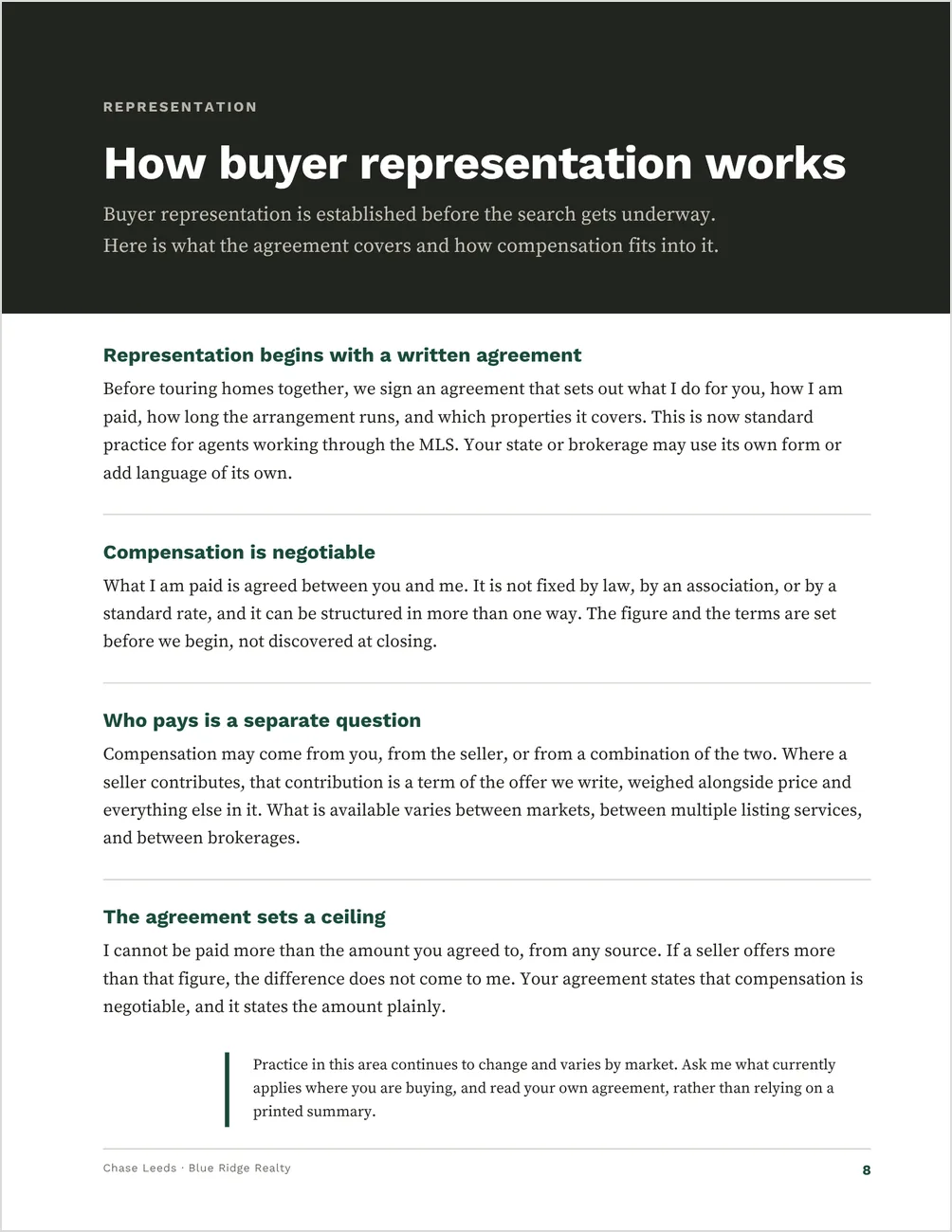 The representation page from the Home Buyer Guide template, headed How buyer representation works: four short sections stating that representation begins with a written agreement, that compensation is negotiable and not fixed by law, an association or a standard rate, that who pays is a separate question, and that the agreement sets a ceiling the agent cannot be paid above from any source.