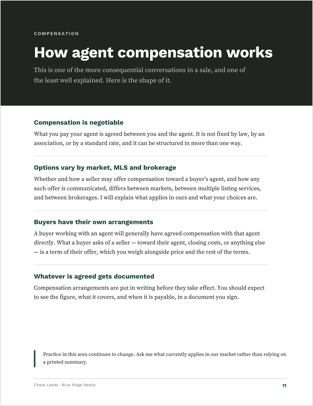 The compensation page from the Home Seller Guide template, headed How agent compensation works: four plain sections stating that compensation is negotiable and not fixed by law or a standard rate, that options vary by market, MLS and brokerage, that buyers have their own arrangements with their agent, and that whatever is agreed gets documented in writing. No figure appears anywhere on the page.