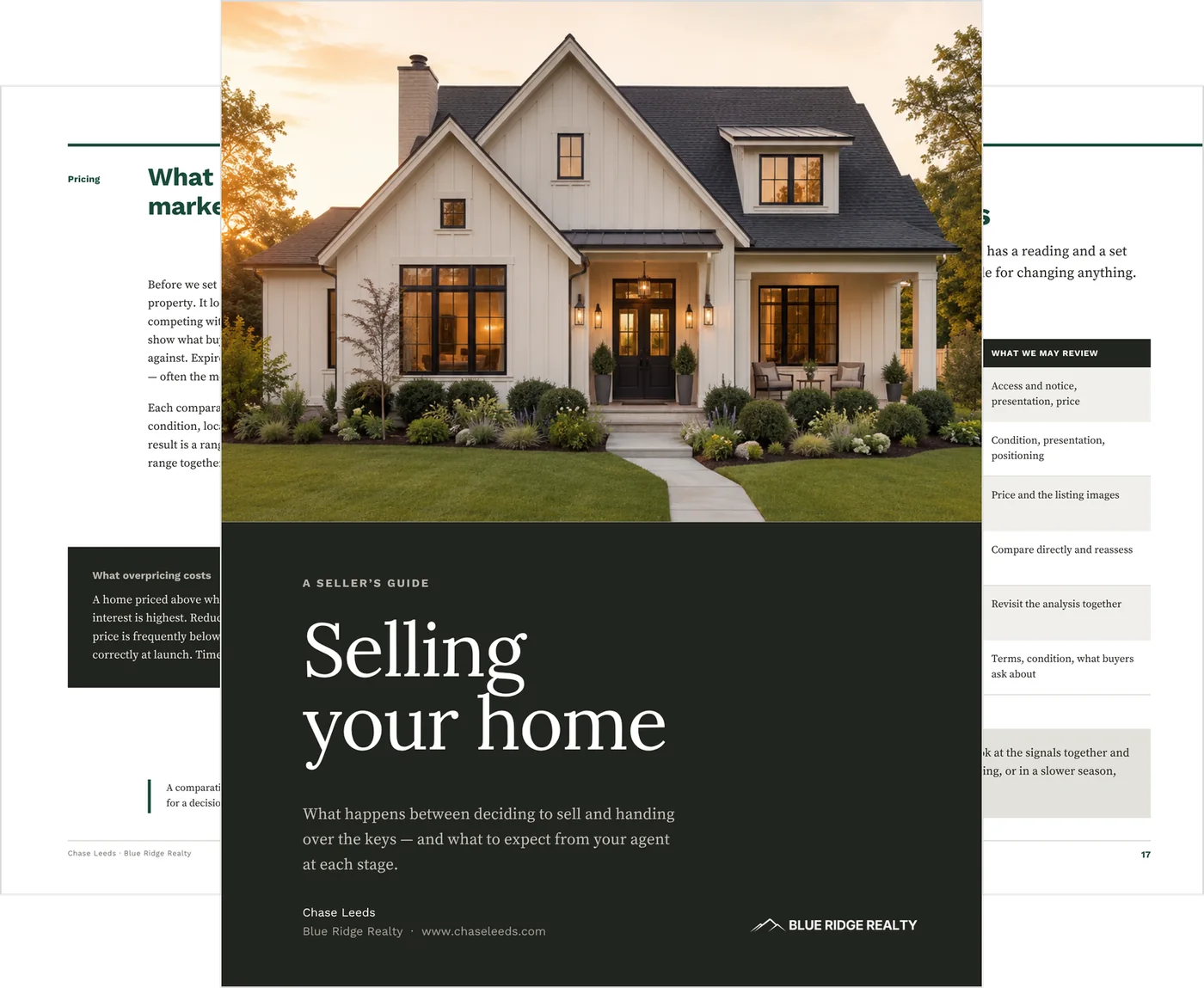 The Home Seller Guide template shown as three pages: the cover, titled Selling your home, in front of the comparative market analysis page and the market-response page.