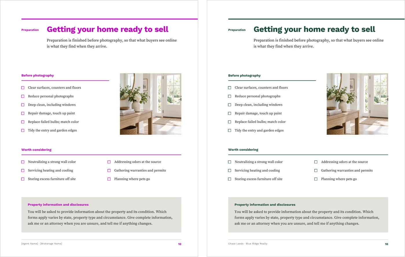 The same page of the Home Seller Guide template shown twice side by side: on the left as it downloads, in the bright magenta setup color, and on the right after the agent brand color has been set.
