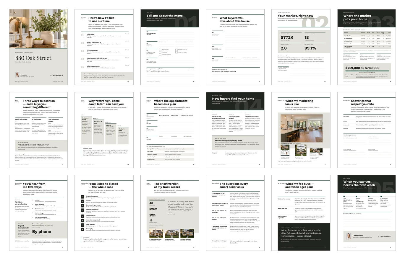 All 18 pages of the Listing Presentation leave-behind shown as a grid of thumbnails, from the cover and agenda through the market, comps, pricing and marketing pages to the fee page and the first week.