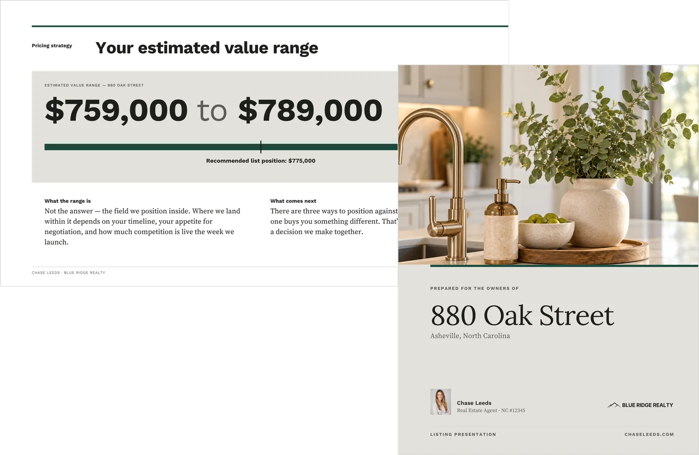 The Listing Presentation in both formats: the 8.5 by 11 cover, prepared for the owners of a sample address, in front of the 16:9 slide showing an estimated value range and a recommended list position.
