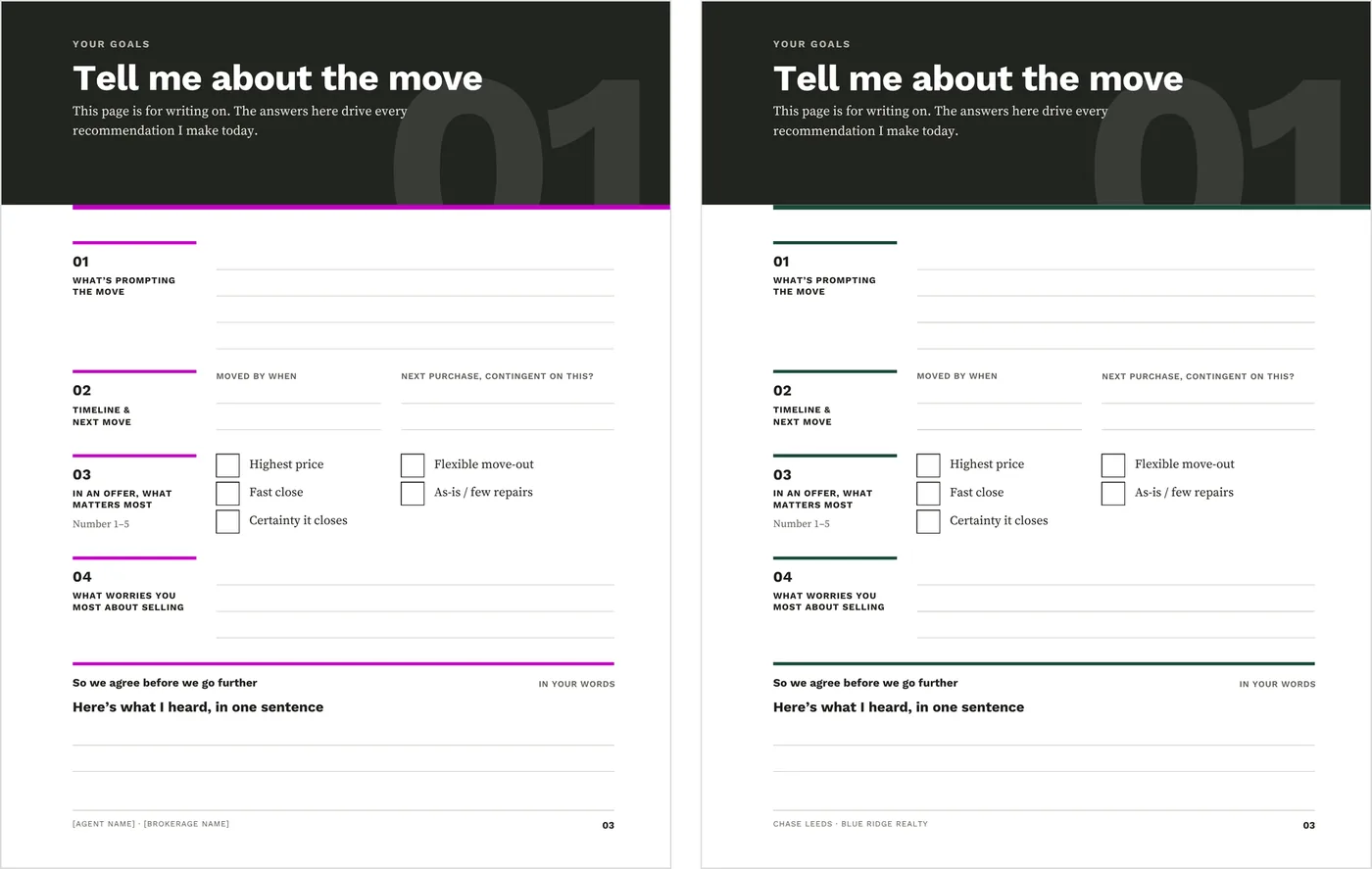 The same write-on page of the Listing Presentation template, headed Tell me about the move, shown twice side by side: on the left as it downloads, with its rules in the bright magenta setup color, and on the right after the agent brand color has been set.