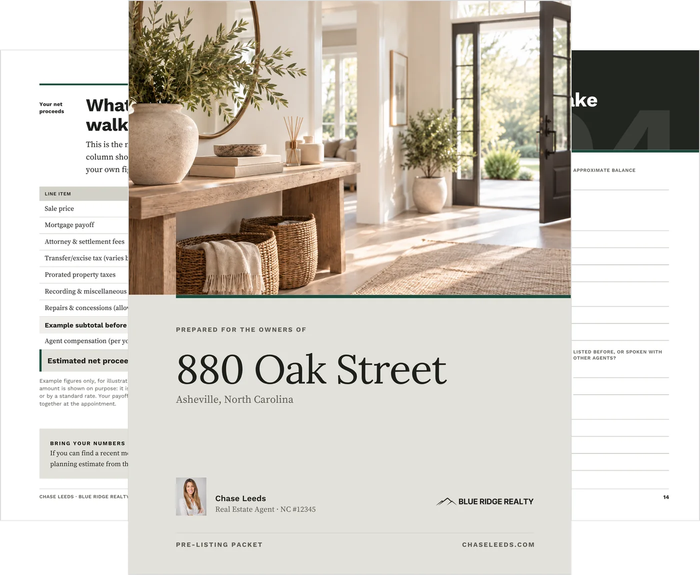 The Pre-Listing Packet template shown as three pages: the cover, prepared for the owners of a sample address, in front of the net-proceeds worksheet and the pre-meeting questionnaire.