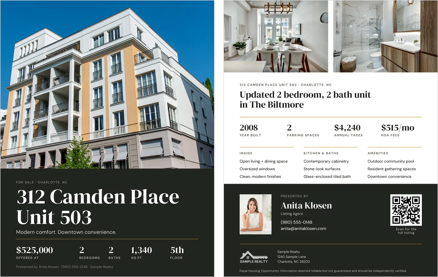The same flyer set up for a condominium: the front names a unit number and shows floor instead of acreage, and the back's facts row reads year built, parking spaces, annual taxes and monthly HOA fees, with an amenities list.