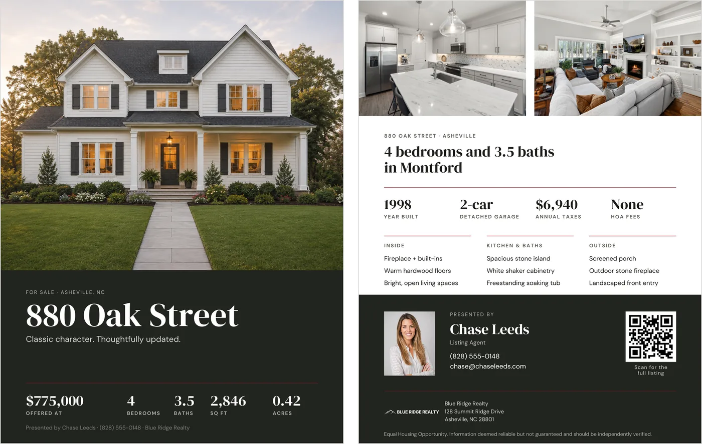 The front and back of the listing flyer side by side: the front with an exterior photo, address, price and facts row; the back with two interior photos, year built, garage, taxes and HOA, three feature lists, the agent's headshot, contact details and a QR code.