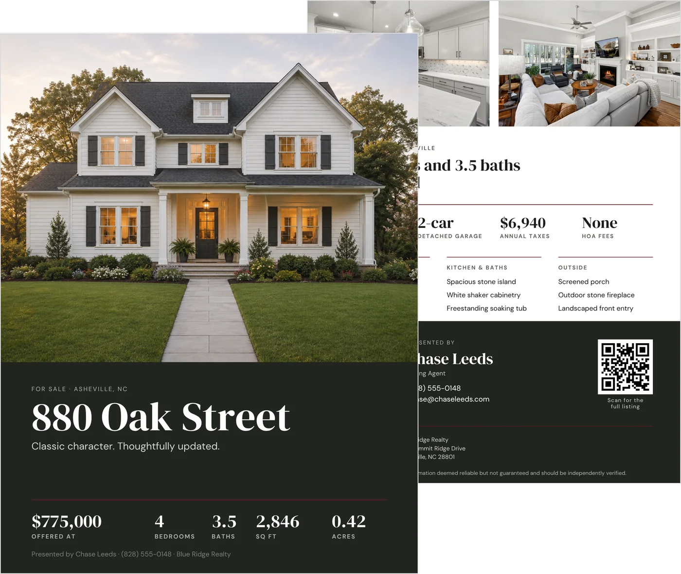 The two-sided listing flyer: the front, with a full-height exterior photo, the address, the price and a facts row, in front of the back page with two interior photos, feature lists and the agent's contact block.
