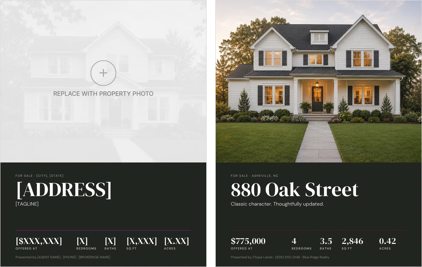 The flyer front shown twice side by side: on the left as it downloads, with bracketed placeholder text for the address, price and facts and an empty frame reading replace with property photo; on the right the same page finished with a photograph and the listing's details.