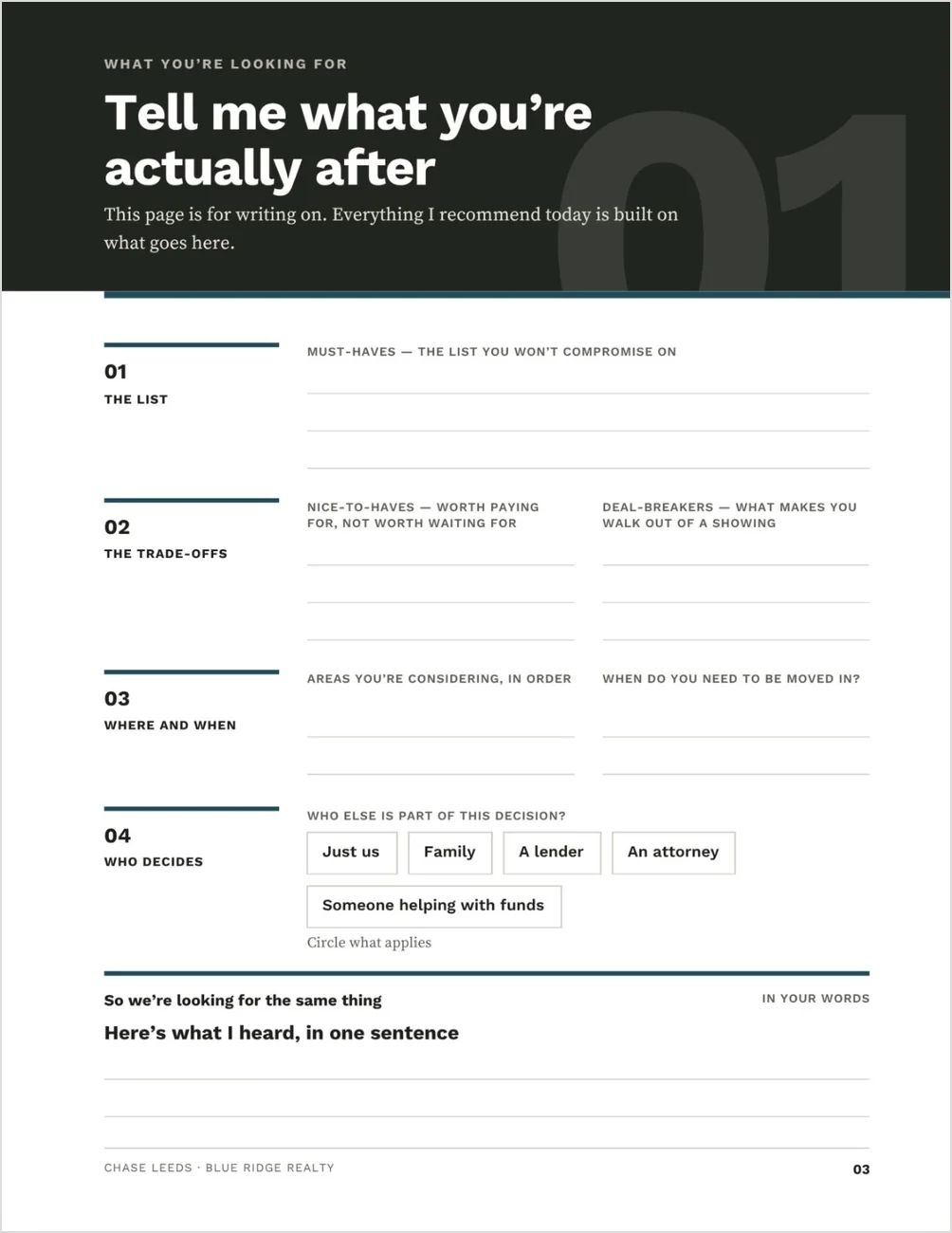 Page three of the Buyer Presentation template, headed Tell me what you’re actually after: write-in space for must-haves, nice-to-haves and deal-breakers, areas and timing, who else is part of the decision, and a one-sentence summary of what the buyer is looking for.