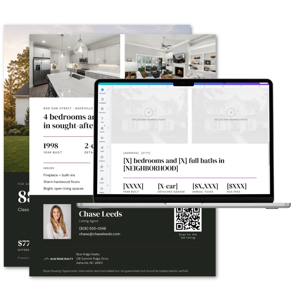 Editable Canva real estate template shown mid-edit, from the Agent Marketeur workflow tool collection