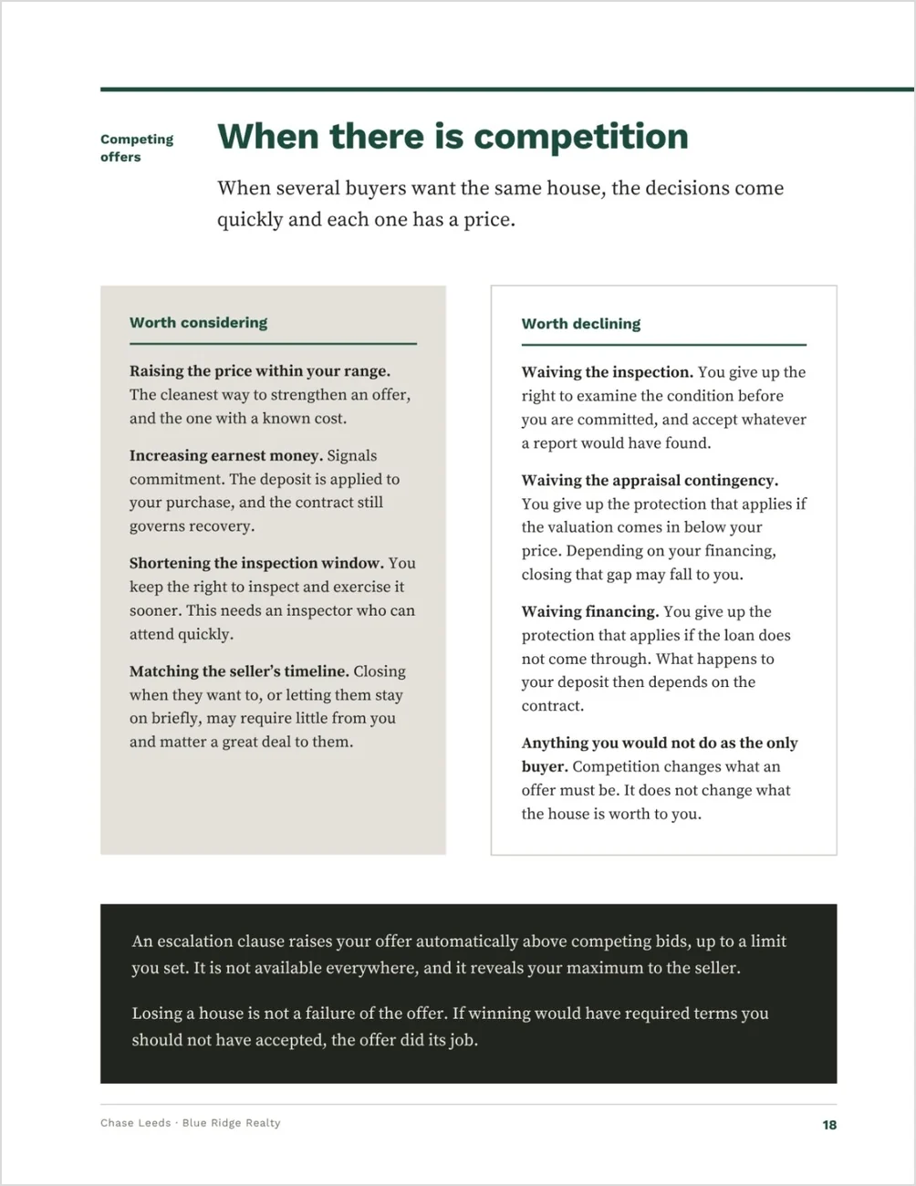 The competing-offers page from the Home Buyer Guide template, headed When there is competition: what is worth considering set against what is worth declining, with the cost of each waiver stated, and a note that an escalation clause raises an offer automatically up to a limit, is not available everywhere, and reveals the buyer’s maximum to the seller.