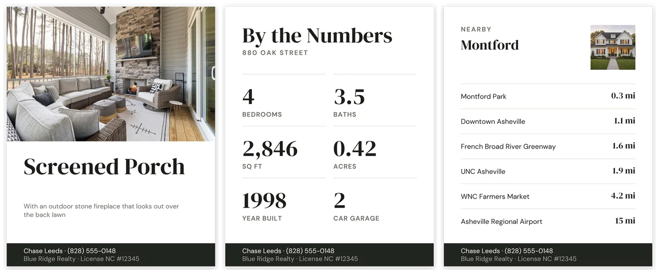 Three Listing Social Kit posts for an active listing: Screened Porch with its photo and one line, By the Numbers with six specs, and Nearby with six places and distances.