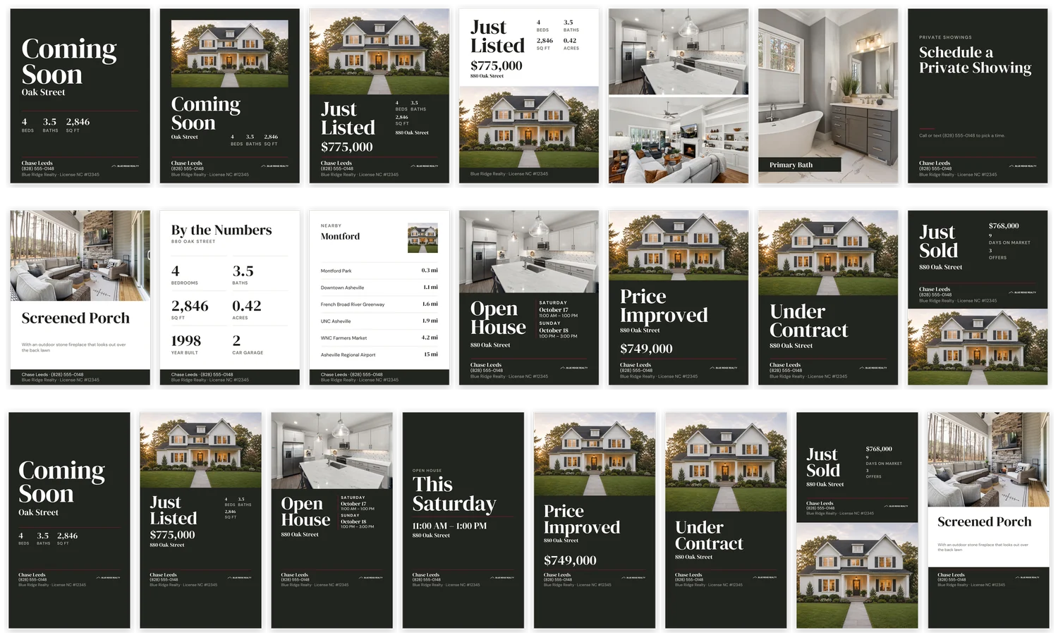 All 22 Listing Social Kit templates: fourteen feed posts in two rows, from Coming Soon to Just Sold, including the four carousel slides, Feature, By the Numbers and Nearby, and the eight stories below them.