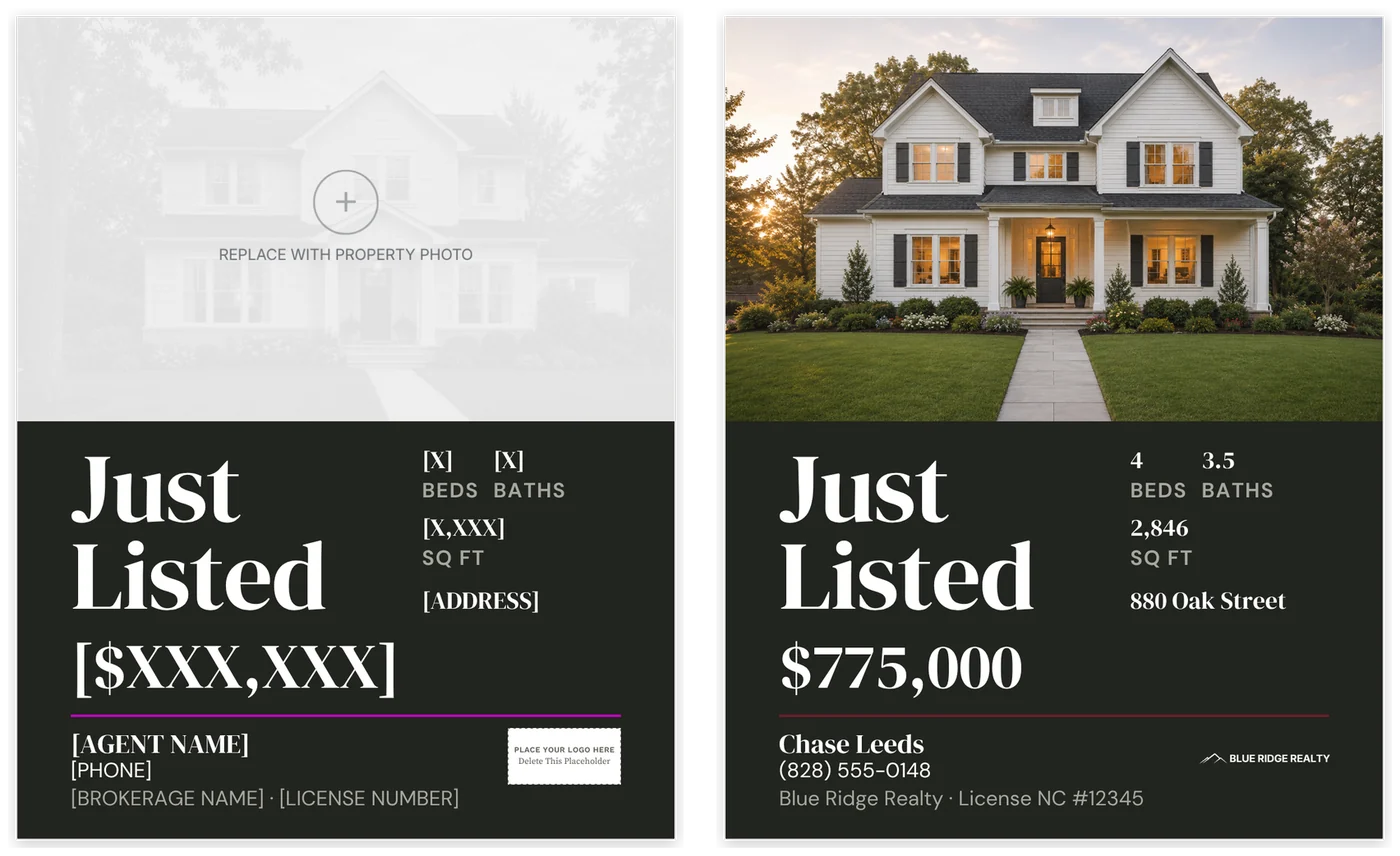 The Just Listed feed post shown twice: on the left as it downloads, with a gray photo placeholder, bracketed price, facts and agent details, a magenta accent line and a logo box; on the right filled in with a house photo, the sample price, the facts, 880 Oak Street and the agent block.