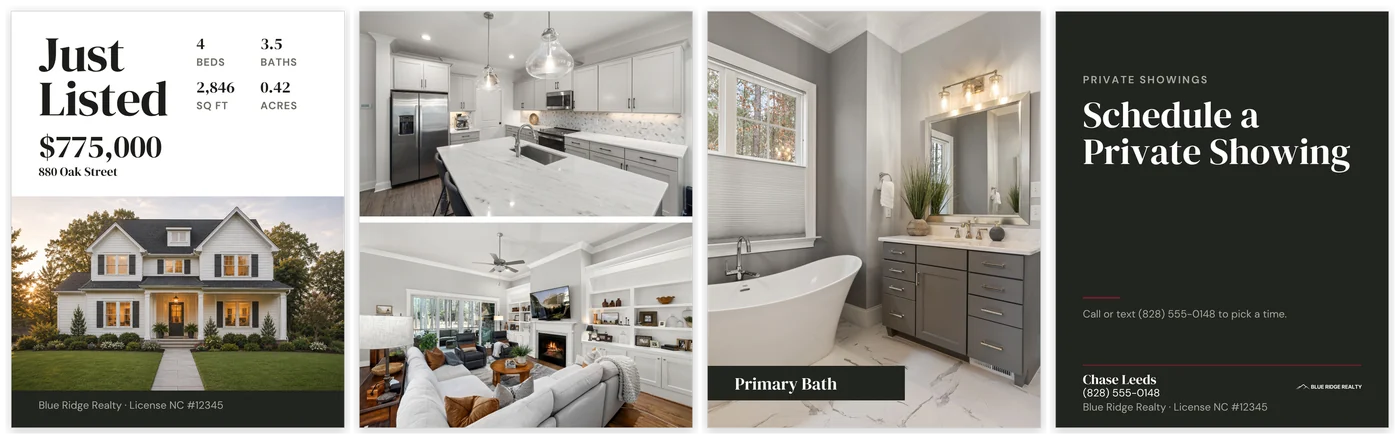 The four carousel slides in order: a cover with Just Listed, the price, address and four facts above a photo; two kitchen and living room photos; the primary bath with a Primary Bath label; and a closing slide reading Schedule a Private Showing.
