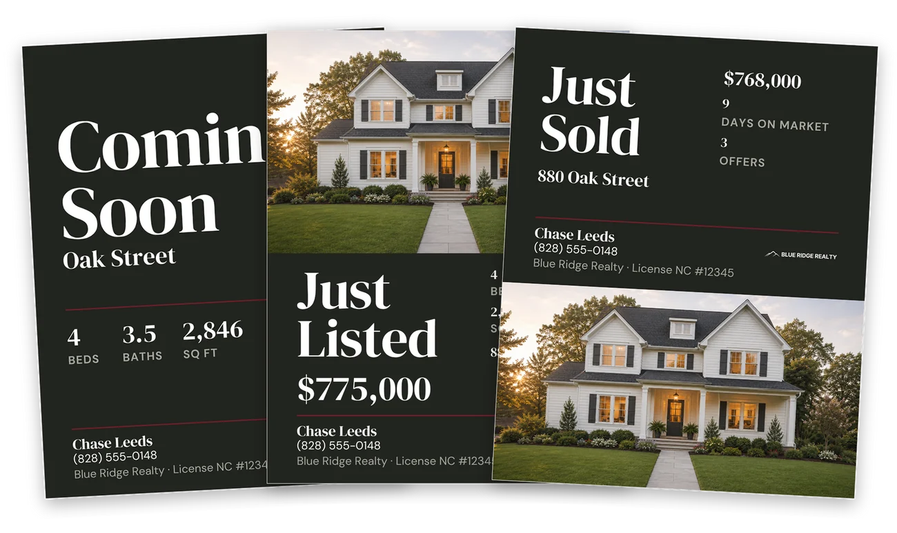 Three Listing Social Kit feed posts fanned left to right: Coming Soon with the beds, baths and square feet, Just Listed with the house photo and price, and Just Sold with the sale price, days on market and offers.
