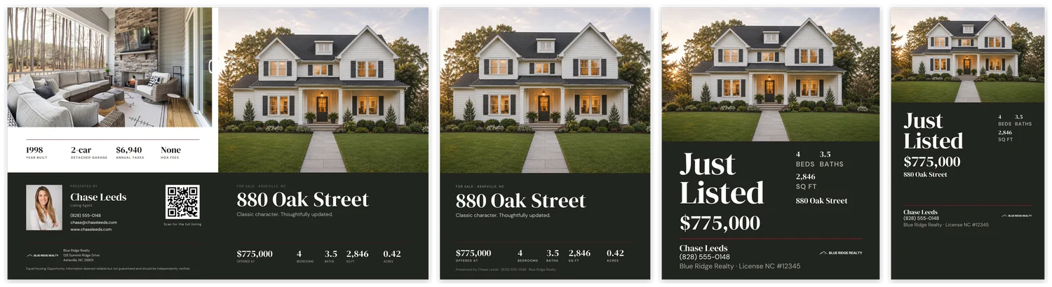 The Property Brochure outside spread and the 2-Sided Property Flyer front for 880 Oak Street, beside the Listing Social Kit Just Listed feed post and story for the same listing, all in the same dark band and serif type.