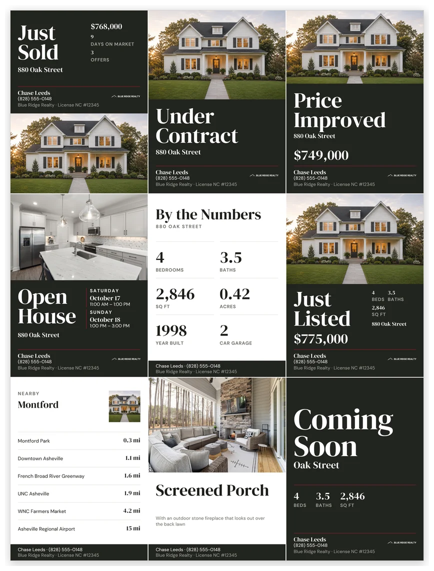 A three-across Instagram profile grid of one listing’s posts, newest first: Just Sold, Under Contract, Price Improved, Open House, By the Numbers, Just Listed, Nearby, Screened Porch and Coming Soon.