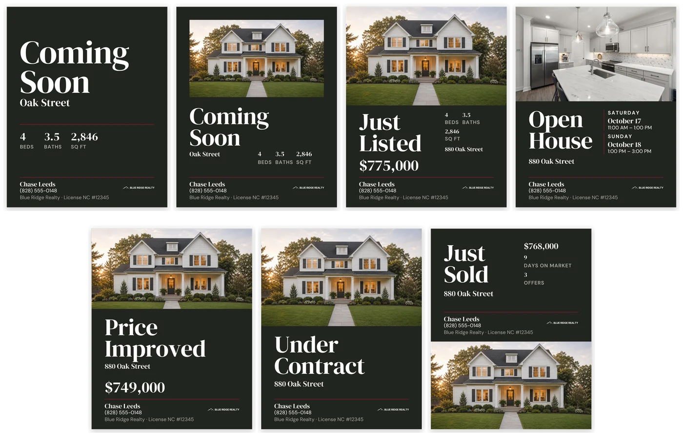 Seven Listing Social Kit feed posts in stage order: Coming Soon without a photo, Coming Soon with a photo, Just Listed, Open House with two sessions, Price Improved, Under Contract and Just Sold.