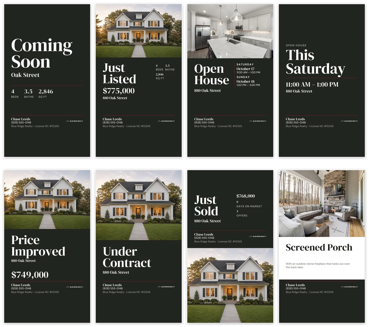The eight Listing Social Kit stories in two rows of four: Coming Soon, Just Listed, Open House, the This Saturday reminder, Price Improved, Under Contract, Just Sold and the Screened Porch feature.