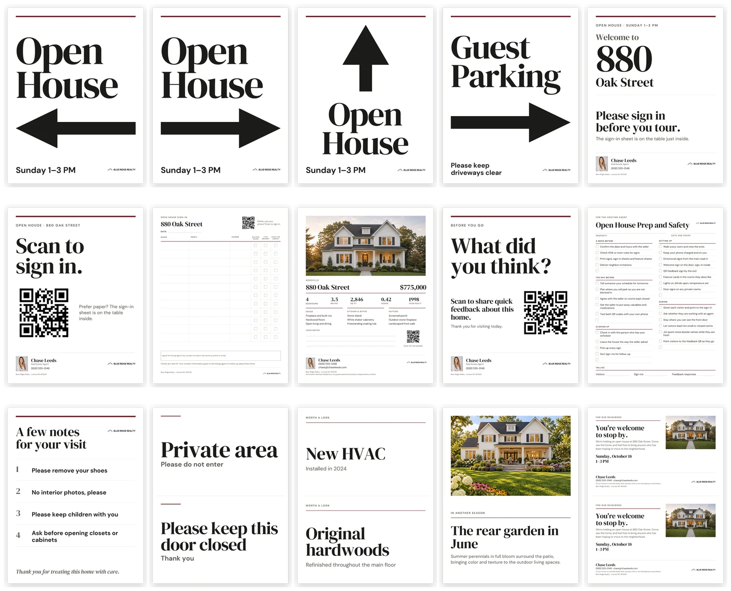 All fifteen Open House Kit pages in three rows: the three arrows, the parking sign and the welcome sign; the QR sign-in sign, the paper sheet, the feature sheet, the QR feedback sign and the prep checklist; then the house notes, door signs, feature cards, seasonal card and neighbor invitation.