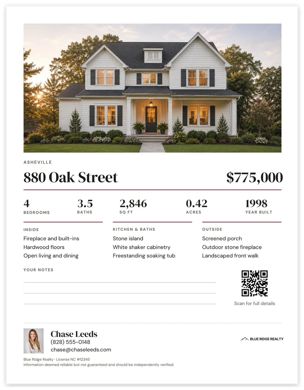 The Open House Kit property feature sheet: hero photo, price, five key facts, three feature groups, lines for visitors' notes, a QR code and the agent block.