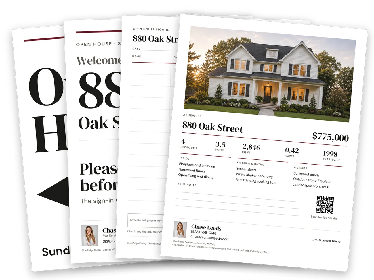 Four Open House Kit pages fanned left to right: the left-arrow sign, the welcome sign, the paper sign-in sheet and the property feature sheet with its hero photo, price and five key facts.
