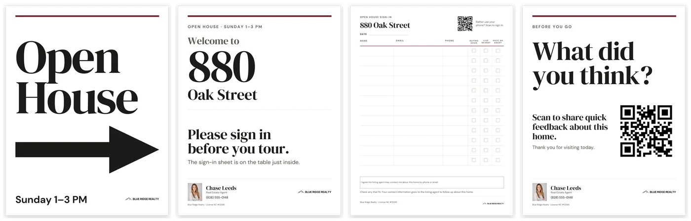 Four Open House Kit pages in the order a visitor meets them: the right-arrow sign, the welcome sign, the paper sign-in sheet and the QR feedback sign.