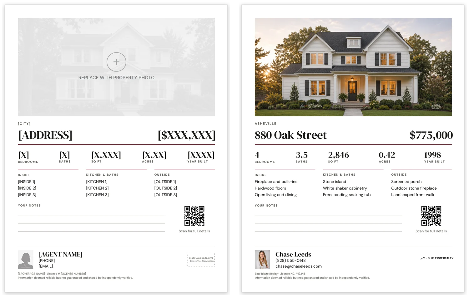 The Open House Kit feature sheet shown twice side by side: on the left as it downloads, with bracketed placeholders and an empty photo, headshot and logo space, and on the right filled in with a sample listing.